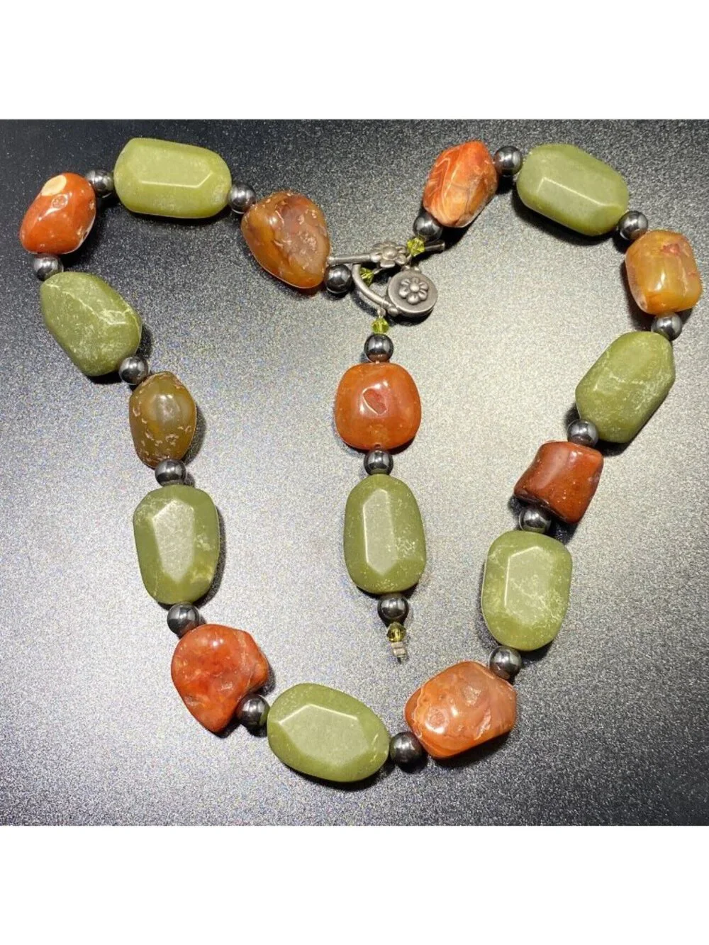 925 Multi Gemstone Toggle Necklace Floral Closure Agate Carnelian Beaded